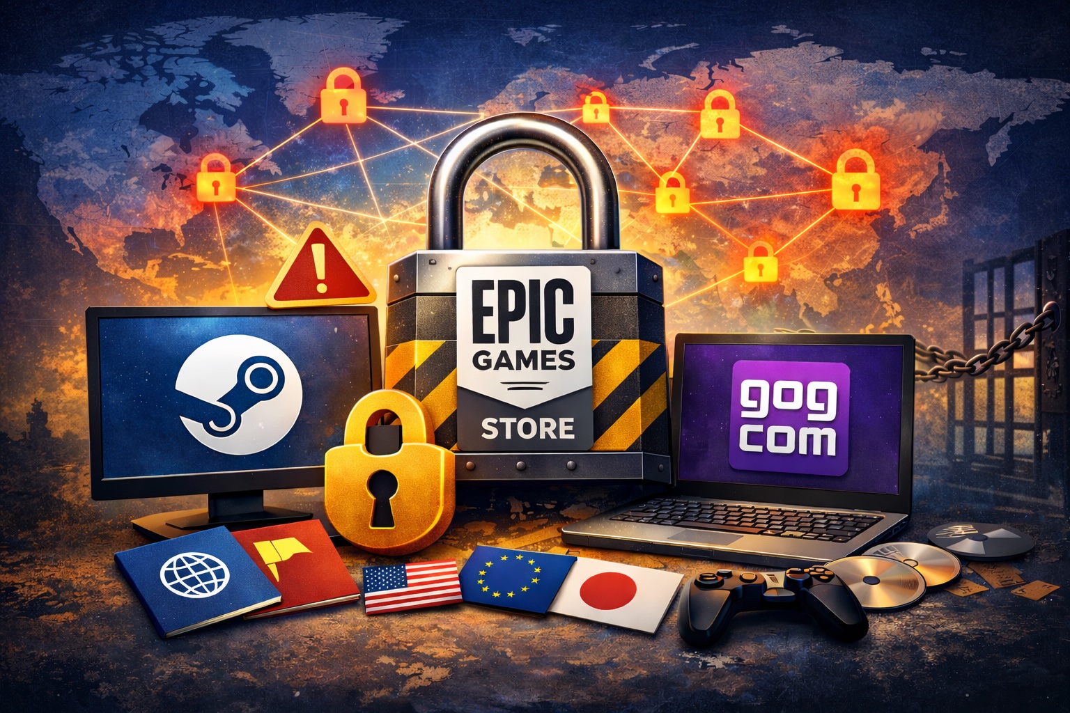 PC gaming store logos with region lock symbols - Steam, Epic, GOG comparison guide